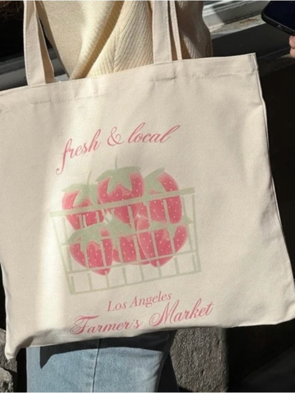 Fresh & Local Beige Canvas Tote Bag with Pink Strawberry Print - Unbranded